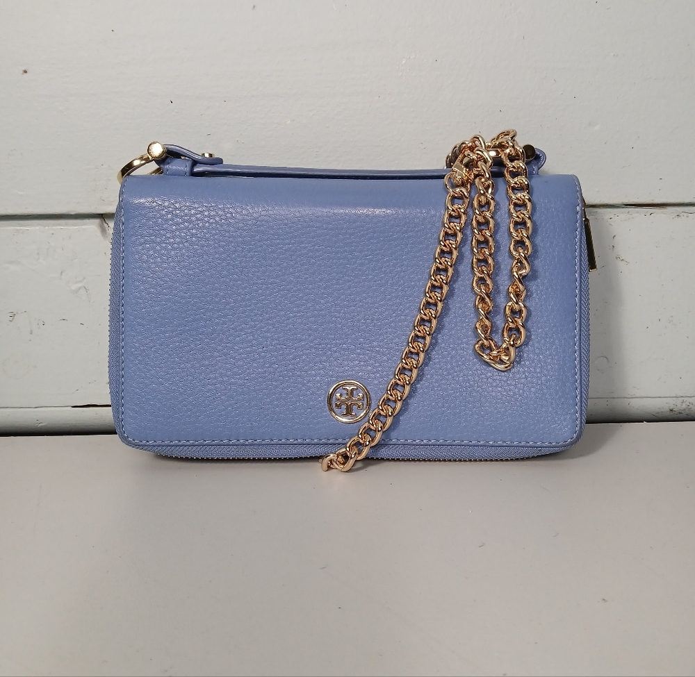 Tory Burch Light Blue Leather Crossbody with Gold Chain